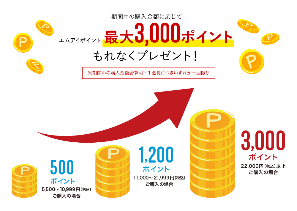 期間中の購入金額に応じてエムアイポイント最大3,000ポイントもれなくプレゼント！　※期間中の購入金額合算可・1会員につきいずれか一回限り　5,500～10,999円(税込)ご購入の場合 500ポイント　11,000～21,999円(税込)ご購入の場合 1,200ポイント　22,000円(税込)以上ご購入の場合 3,000ポイント