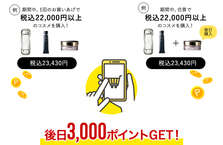 例 期間中、1回のお買いあげで税込22,000円以上のコスメをご購入！ 税込23,430円　または　例 期間中、合算で税込22,000円以上のコスメをご購入！ 税込23,430円　後日3,000ポイントGET！